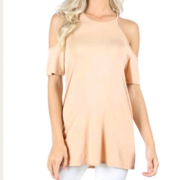 Beige cold shoulder loose flowy lounge relaxed top - Picture 2 of 2